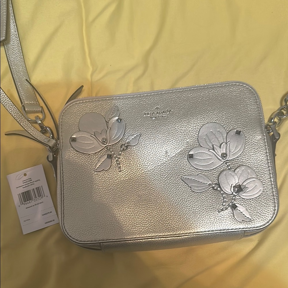 Kate Spade Silver Metallic Crossbody Bag with Floral Design